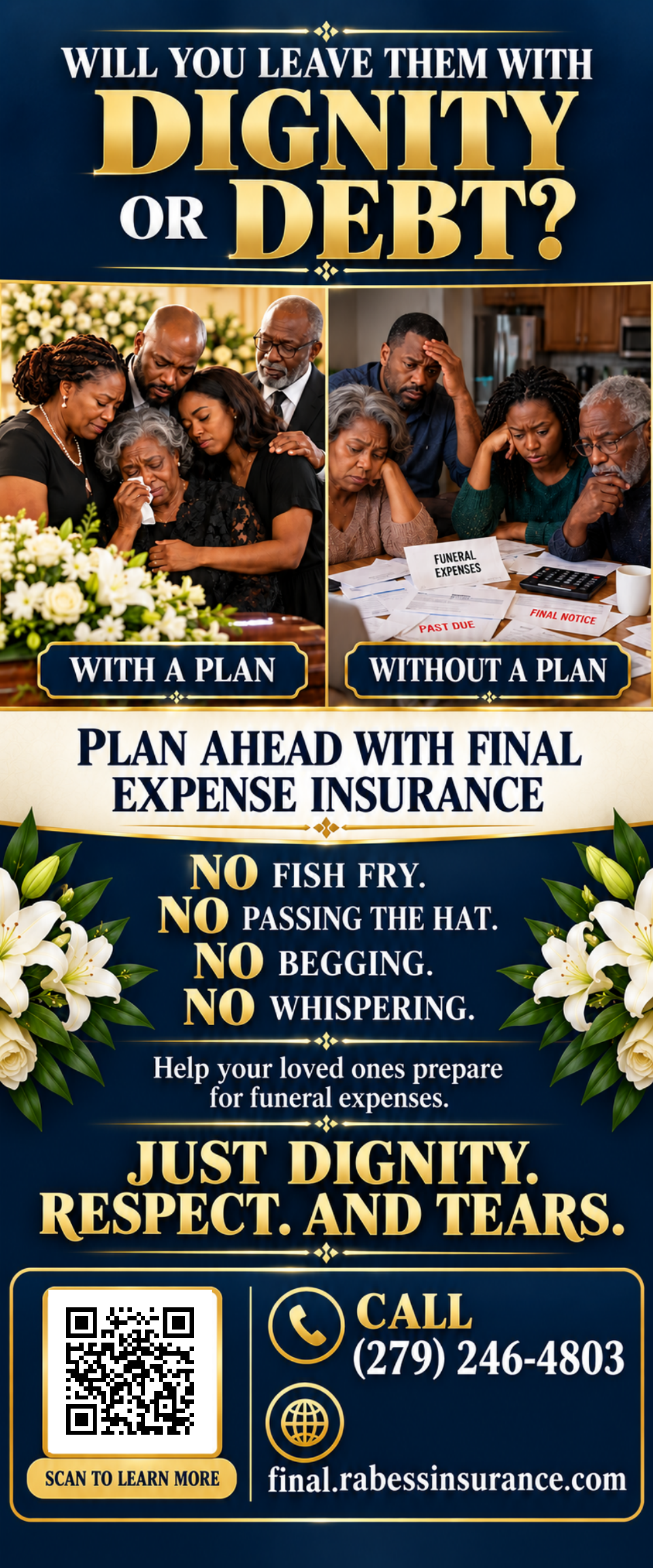 From our final expense banner: two families, one comforted by a plan and one facing funeral bills.